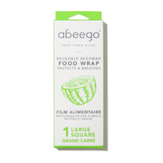 A package of one large square of Abeego reusable beeswax food wrap.