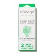 A package of two large squares of Abeego reusable beeswax food wrap.