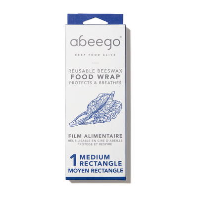 A package of one medium rectangle of Abeego reusable beeswax food wrap.