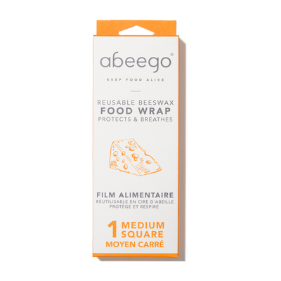 A package of one medium square of Abeego reusable beeswax food wrap.