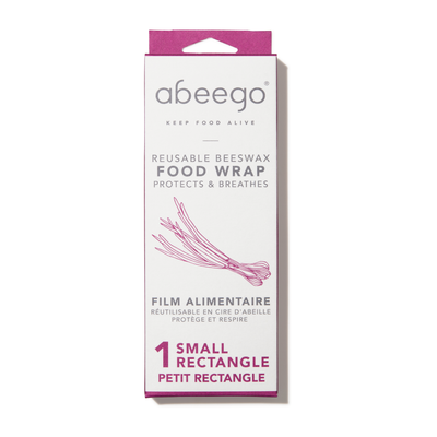 A package of one small rectangle of Abeego reusable beeswax food wrap.
