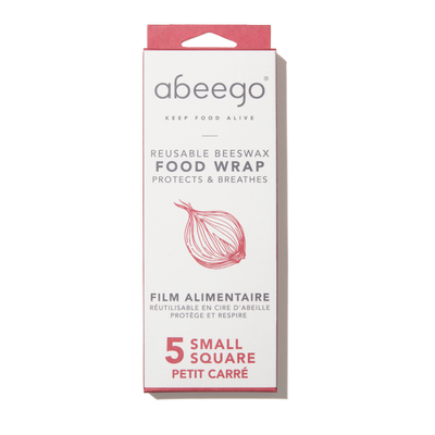 A package of five small squares of Abeego reusable beeswax food wrap.