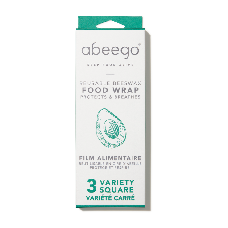 A variety package containing one small, one medium, and one large square of Abeego reusable beeswax food wrap.
